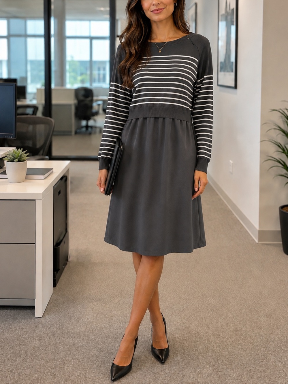 Pip & Vine Striped Black & White Knit Top Midi Dress